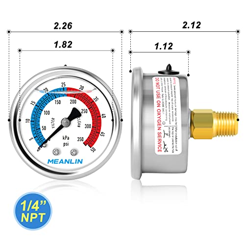 1/4" NPT 0-50psi Pressure Gauge, 2" Dial Glycerine Filled Pool Filter, 304 Stainless Steel Housing, Back Mount, with 1/2" NPT and 3/8" NPT Hex Bushing