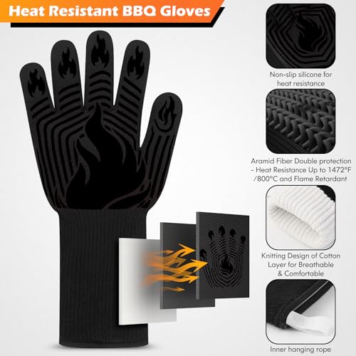 BBQ Gloves 1472°F Heat Resistant Fireproof Silicone Oven Mitts (10.5822 Ounce)