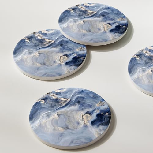 Set of 6 Navy Blue Marble Coasters with Holder (6 Count)
