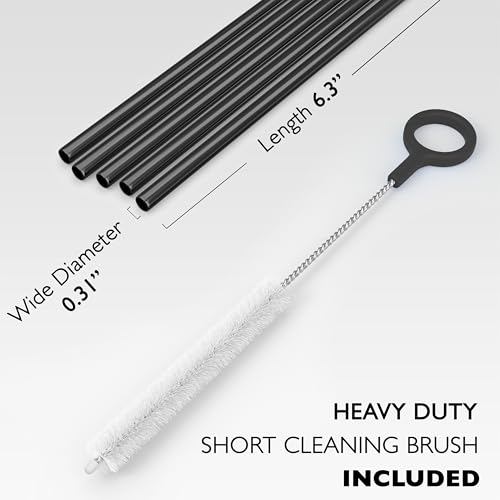 5 Short Stainless Steel Straws Black with Cleaning Brush. 6.3" Long Metal Cocktail Straws Reusable (5 Count)