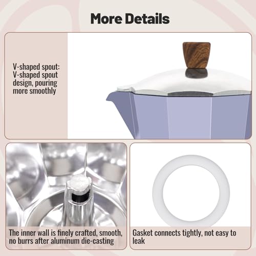 6 Cup Aluminum Moka Pot Classic Stovetop Espresso Coffee Maker 300ml 10oz Coffeemaker Percolator Mocha Pot Greca Coffee Maker Cafe Makers for Italian and Cuban Café Brewing Purple