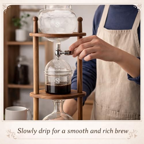 Cold Brew coffee Maker Ice Coffee Drip Machine with Advanced Slow Drip Technology Borosilicate Glass with Wood Tower