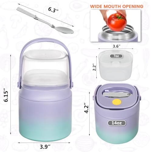 2 - in - 1 Soup Thermo for Hot Food 14oz with Snack Box Container Leak Proof Insulated Lunch Container Kids and Adults Stainless Steel Double Wall Vacuum Wide-mouth Thermal with Spoon and Handle