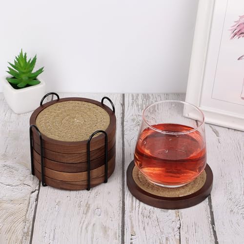 6 Pack Wood Coasters for Drinks with Cotton Coasters Insert (10 Count)