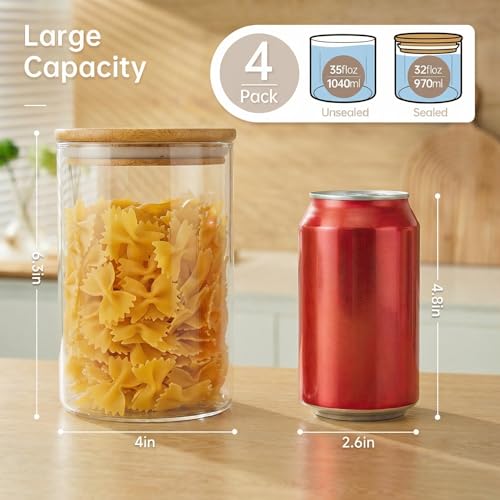 32 oz Round Glass Food Storage Containers with Airtight Bamboo Lids (4 Count)