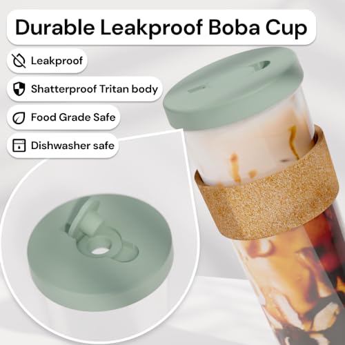 Sage Green 24 oz Reusable Boba Cup and Straw Bubble Tea Cup with Wide Lid and Straw