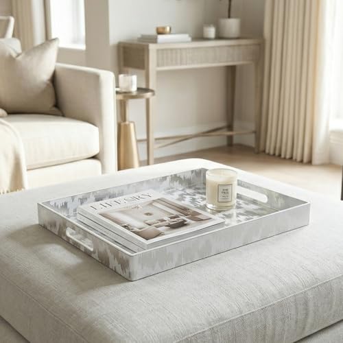 White & Silver Glitter Abstract Serving Tray with Handles