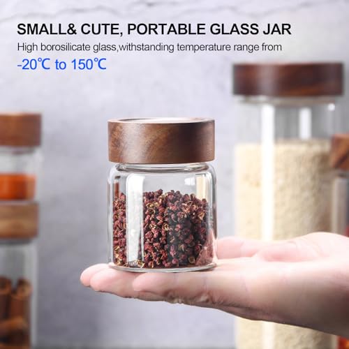 6 pc Glass Spice jars Glass Jars with Screw Lid 5 oz Acacia Wood Glass Herb Sugar Coffee Bean Ground Container Food Storage Canister for Candy Pantry Tea Seasoning Meal Prep Snack