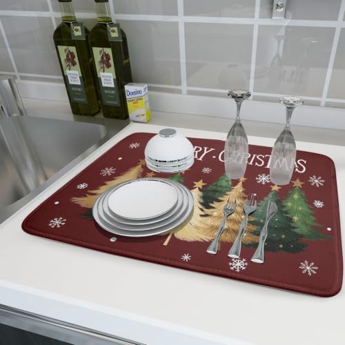 Xmas Tree Red Dish Drying Mat for Kitchen Counter