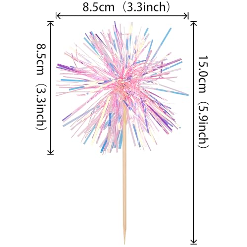 30 PCS Foil Firework Cupcake Toppers Happy Birthday Cupcake Toppers Sparkle Tinsel Flower Drink Stirrers Cocktail Fruit Toothpicks for Valentine's Day Baby Shower Party Cake Decor Supplies Pink (30 Count)