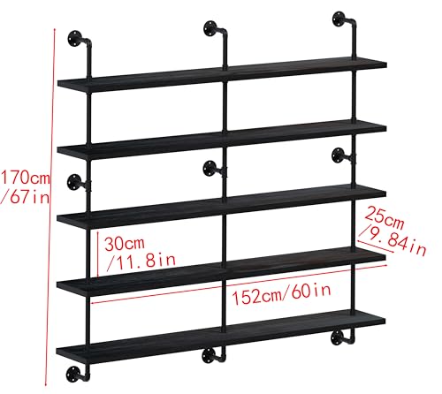 Floating Shelves for Wall Bookshelf Industrial Pipe Shelving Shelves 60 Inch 5 Tier Natural Wood Planks Rustic Wall Shelves Hanging Bookshelves Farmhouse Kitchen Shelving