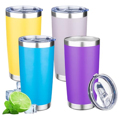 20oz Tumbler with Lid Double Wall Vacuum Insulated Travel Coffee Mug Stainless Steel Thermal Cup Powder Coated Sturdy Coffee Tumbler Bulk for Hot and Cold Beverages (4 Count)