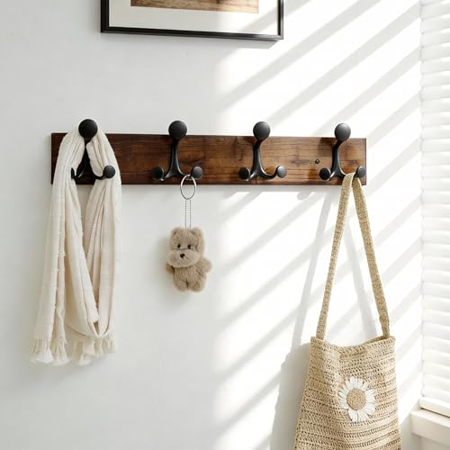 24 Inch Walnut Wood Coat Rack Wall Mount with 4 Triple Hooks