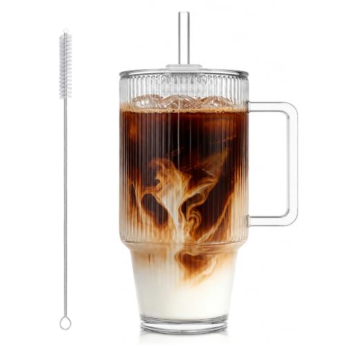 24oz Ribbed Glass Cup with Lid & Straw