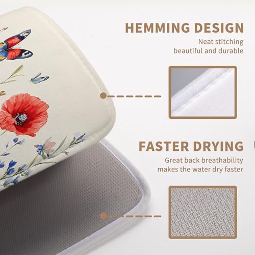 Patriotic Dish Drying Mats for Kitchen Counter 4th of July Kitchen Dishes Dryer Pad Red Blue Flowers Absorbent Dish Mat Microfiber Washable Foldable Reusable Large 18x24 in