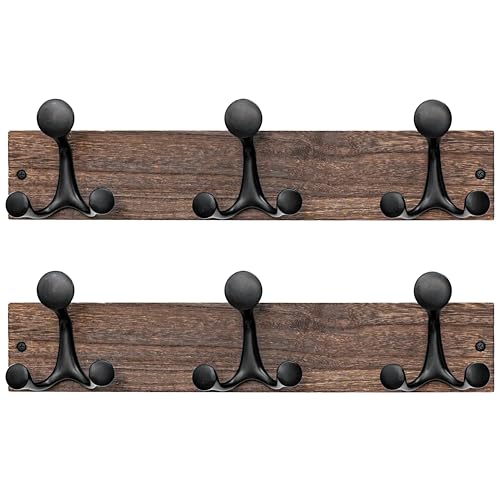 17 Inch Wood Burnt Coat Rack Wall Mount with 3 Triple Hooks (2 Count)