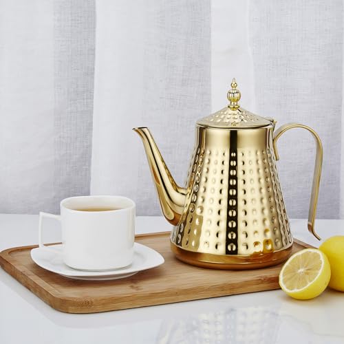 1.6L(54oz) Stainless Steel Hammer Patterned Teapot With Removeable Infuser,Loose leaf cover,Gold