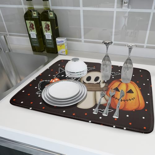 18"x24" Halloween Dish Drying Mat Spooky Pumpkin Ghost Black Cat Bats Kitchen Drainer Mats Holiday Gothic Reversible Microfiber Dish Drying Pad Large Size for Countertop Tabletop Decor