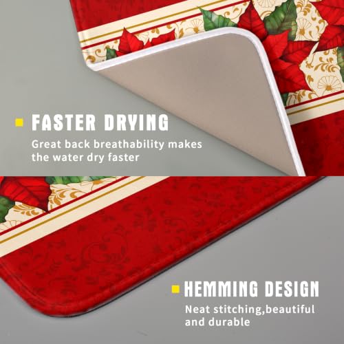 Poinsettia Flowers Dish Drying Mat 16"x18" Christmas Red Decorative Dish Drainer Mats Xmas Winter Floral Print Reversible Microfiber Dish Drying Rack Pad for Kitchen Countertop Sink