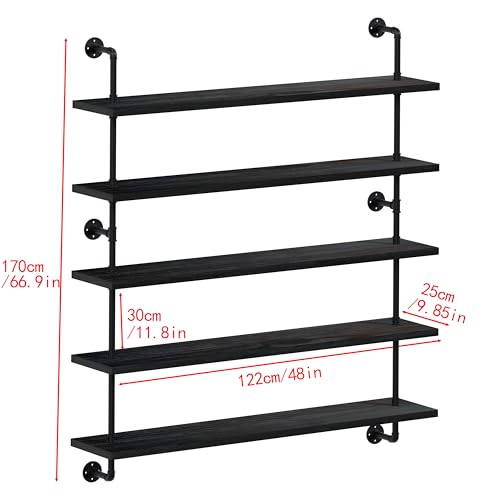 Floating Shelves for Wall Bookshelf Industrial Pipe Shelving Shelves 48 Inch 5 Tier Natural Wood Planks Rustic Wall Shelves Hanging Bookshelves Farmhouse Kitchen Shelving Black