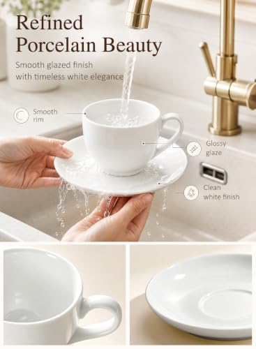 8 oz Porcelain Cappuccino Cups with Saucers and Metal Stand (4 Count)
