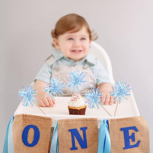 30 PCS Foil Firework Cupcake Toppers Happy Birthday Cupcake Toppers Sparkle Tinsel Flower Drink Stirrers Cocktail Fruit Toothpicks for Valentine's Day Baby Shower Party Cake Decor Supplies Blue (30 Count)