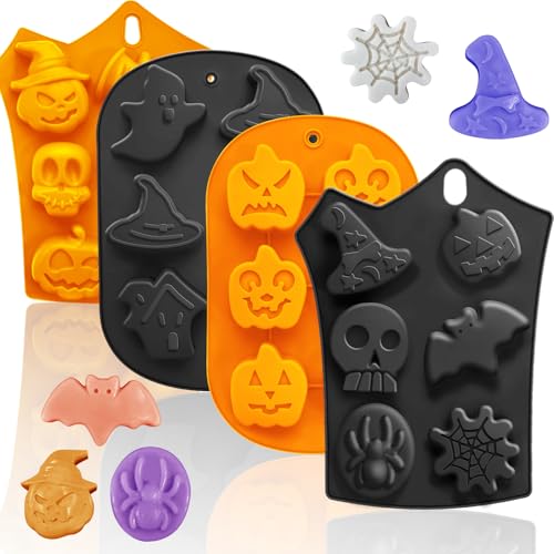 Halloween Silicone Molds Set 19 Shapes Large Baking Molds Pack of 4 Including Pumpkin Skull Ghost Bat Hat Spider Web House Molds (4 Count)