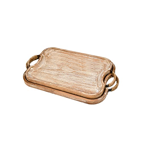 Rustic Wood Serving Tray with Metal Twine Handles Set of 2 Rectangular Decorative Trays Farmhouse Platter for Food (2 Count)