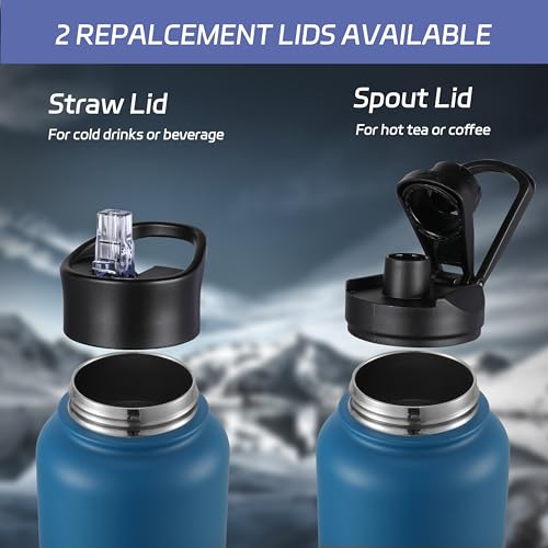 32 oz Insulated Water Bottle Stainless Steel Double Walled Vacuum Sports Water Bottle with 2 Lids
