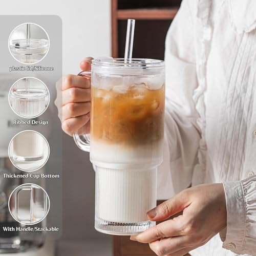 26oz Glass Tumbler with Handle & Lid