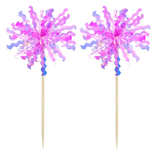 20Pcs Foil Firework Cupcake Toppers Happy Birthday Cake Toppers Sparkle Tinsel Flower Drink Stirrers Cocktail Food Fruit Toothpicks for Valentine's Day Party Supplies Rose Red (20 Count)