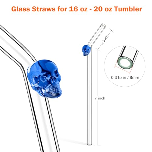 8 Pack Blue Skull Borosilicate Glass Straws with Charms (8 Count)