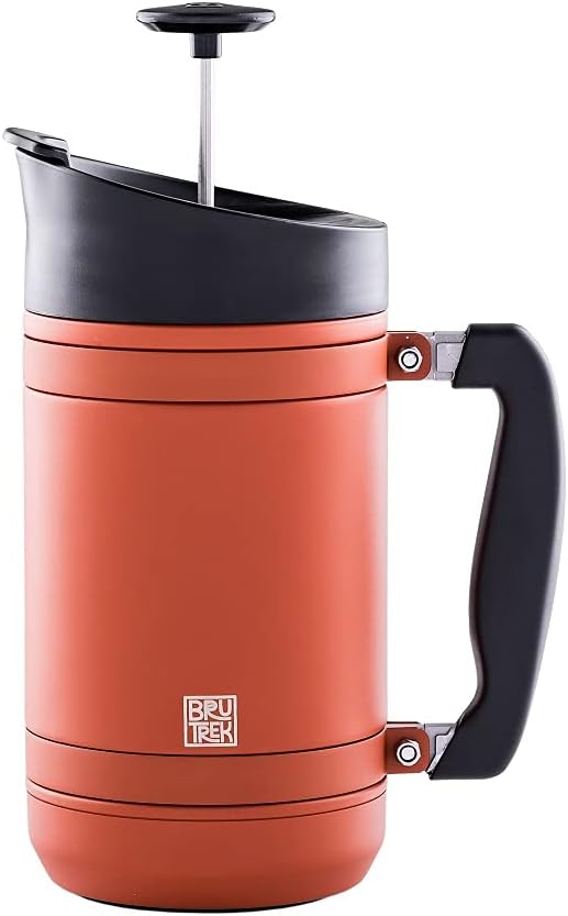 BaseCamp Coffee Press - Double Wall Insulated Stainless Steel - Bru-Stop Technology, No Grounds in Coffee, No Spill Lid (Red Rock, 32 fl.oz) - Blissbrew