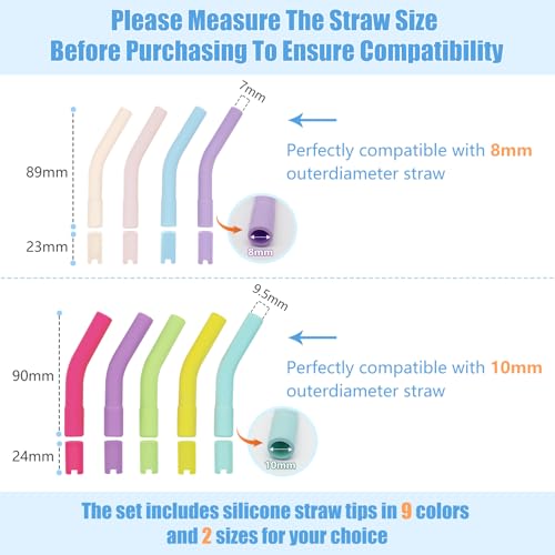 18 Pcs 8mm 10mm Silicone Straw Tips with Bottom Sleeve Reusable Food Grade Rubber Straw Tips for Metal Glass Straws Replaceable Flex Toppers Elbow Covers for 8 (9 Count)