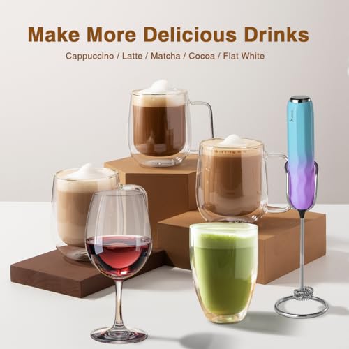 Ultra Fast Handheld Milk Frother Double Whisk with Stand 2 Batteries Stainless Steel for Lattes Cappuccino Matcha Hot Chocolate Coffee Bar Accessories Kitchen Gadgets Gift