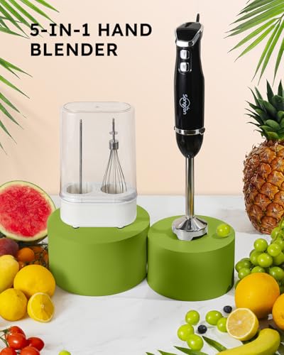 5-in-1 Immersion Blender Handheld with 1000ml Cup, 2-Speed Adjustable Hand Blender with 304 Stainless Blades, Detachable Whisk and Milk Frother