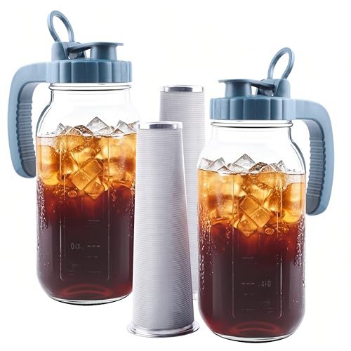 Mason Jar Pitcher With Stainless Steel Filter 64 OZ 2 Pack Wide Mouth Cold Brew Coffee Maker 2 Quart Glass water pitcher with lid Half Gallon Cold hot Tea maker For Lemonade Milk Juice Refrigerator (2 Count)