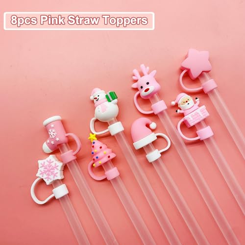 8pcs Christmas Straw Topper for Stanley Cup Accessories Santa Claus Christmas Tree 10mm Silicone Straw Covers Cap for Stanley 30 & 40 Oz Tumbler Christmas Gifts (8 Count)