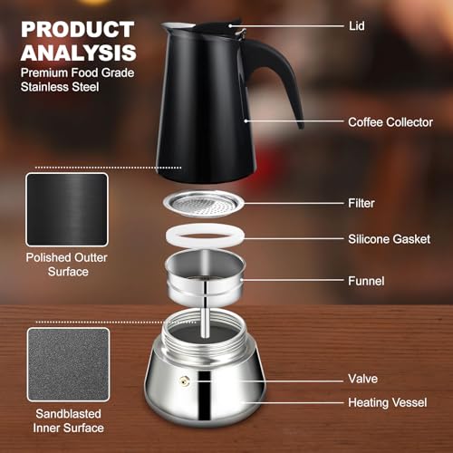 6 Cup Stovetop Espresso Maker Stainless Steel Moka Pot Stove Top Percolator Italian Coffee Makers Capable Mocha Greca Machine Cafe Classic Induction Cookers for Home and Camping 300ml 10oz
