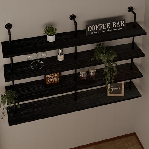 Floating Shelves for Wall Bookshelf Industrial Pipe Shelving Shelves 60 Inch Natural Wood Planks Rustic Wall Shelves Hanging Bookshelves Farmhouse Kitchen Shelving Black
