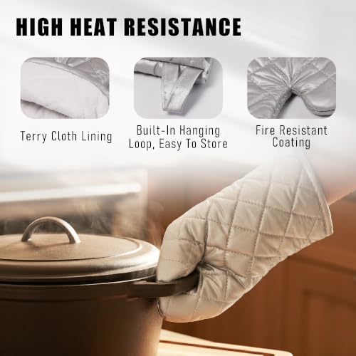Silver 13" Quilted Oven Mitts Set of 2 Heat Resistant for Kitchen Grill (2 Count)