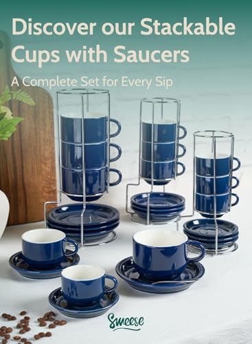2.5 Ounce Porcelain Stackable Espresso Cups with Saucers and Metal Stand Set of 4