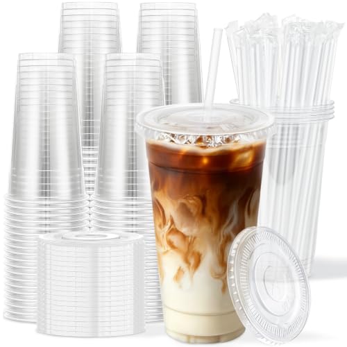 50 Pack 24 oz Clear Plastic Cups with Lids and Straws Disposable (50 Count)
