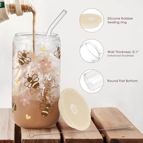 Bee 16oz Can Glass Tumbler with Acrylic Lid & Straw