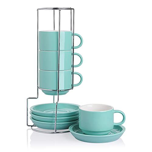 Sweejar Porcelain Cappuccino Cups with Saucers and Metal Stand (4 Count)