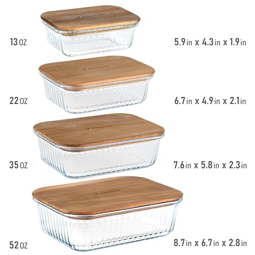 Ribbed Glass 4 Stackable Meal Prep Containers with Acacia Lids