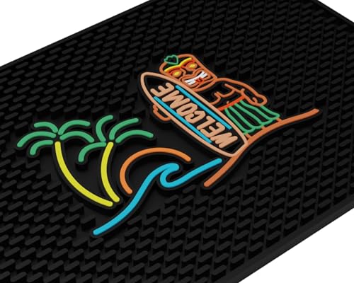 Tiki Bar Mats for Countertop 18 x 12 Tiki Bar Decor Mat Unique Tiki Man Warrior Design with Surfboard Welcome Greeting Tiki Decor