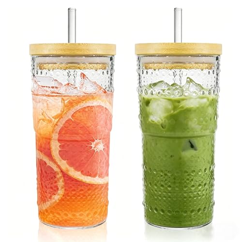 2 Pack 20oz Hobnail Drinking Glasses with Bamboo Lids and Glass Straw (2 Count)