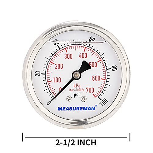 2-1/2inch Dial Size, Glycerin Filled Pressure Gauge, 0-100psi/kpa, 304 Stainless Steel Case, 1/4 Inch NPT Center Back Mount