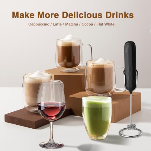 Ultra Fast Handheld Milk Frother Double Whisk with Stand 2 Batteries Stainless Steel for Lattes Cappuccino Matcha Hot Chocolate Coffee Bar Accessories Kitchen Gadgets Gift